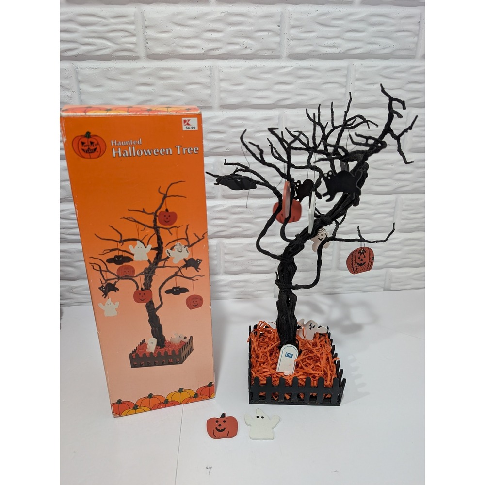 Vintage 90s Pumpkin Time Haunted Halloween Tree 16 Inch Black Wood Ornaments